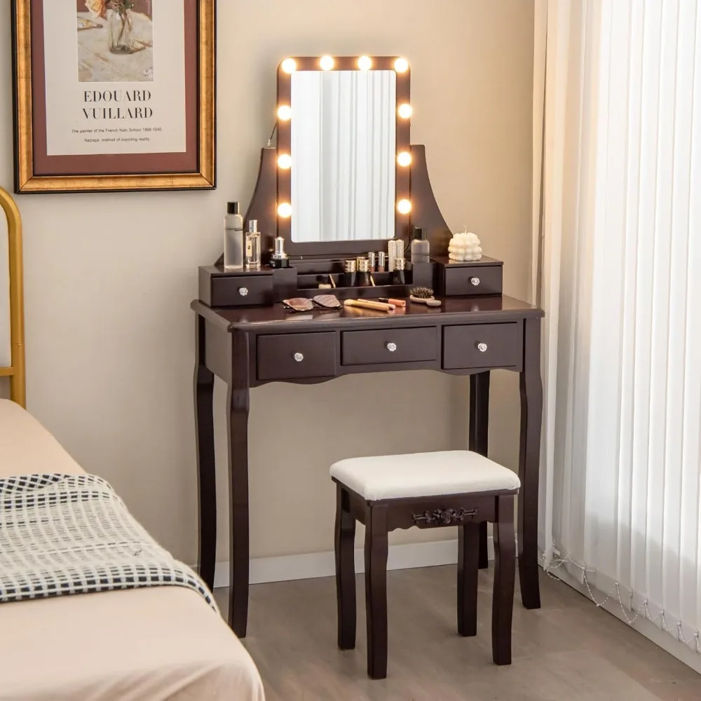 

Vanity Desk with Mirror and Lights, Makeup Vanity Table with 5 Storage Drawers, 3 Color Lighting Modes, Adjustable Brig