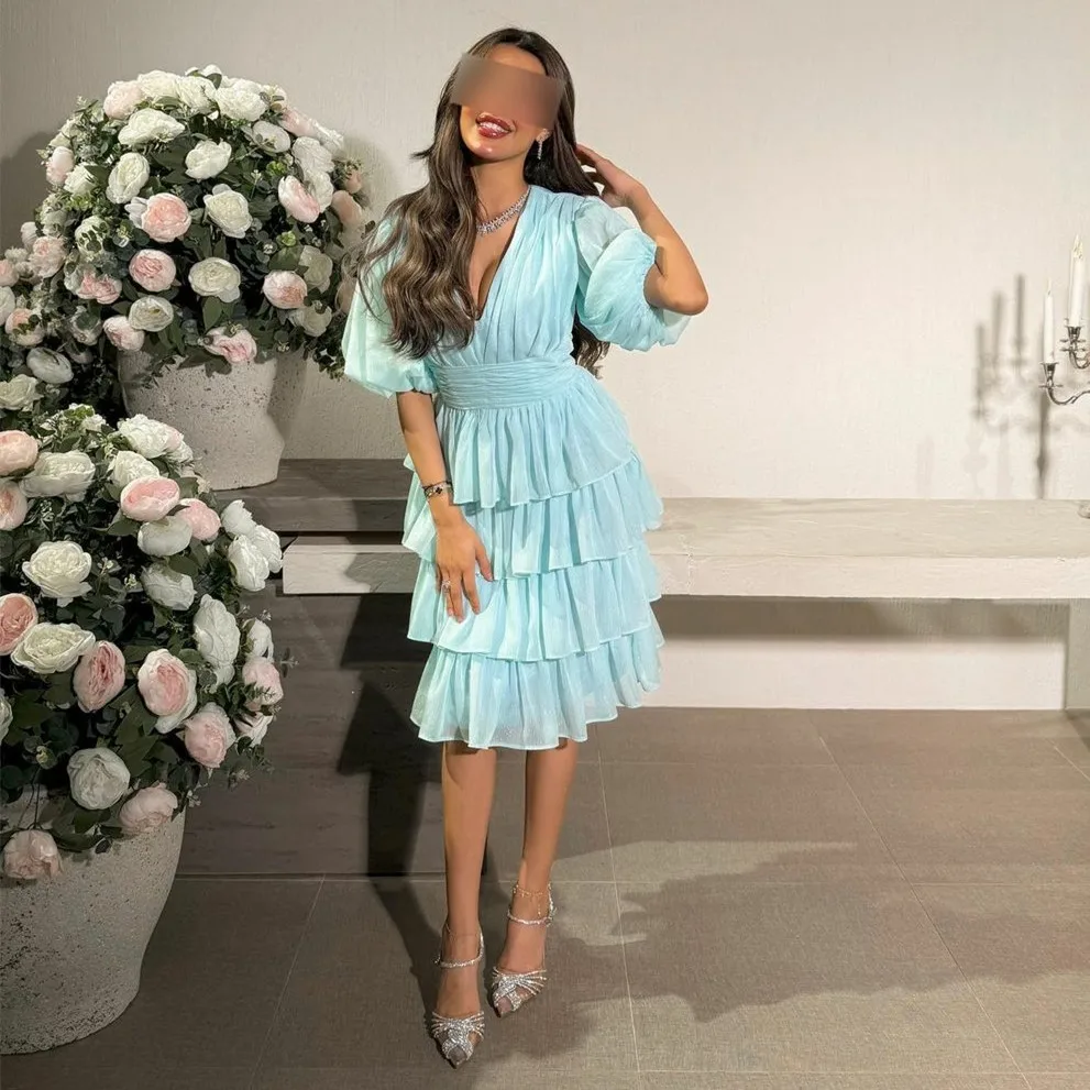 

Элегантные короткие синие вечерние платья из органзы, ТРАПЕЦИЕВИДНОЕ ПЛАТЬЕ С V-образным вырезом, Многоярусное Платье До Колена Для выпускного вечера для женщин