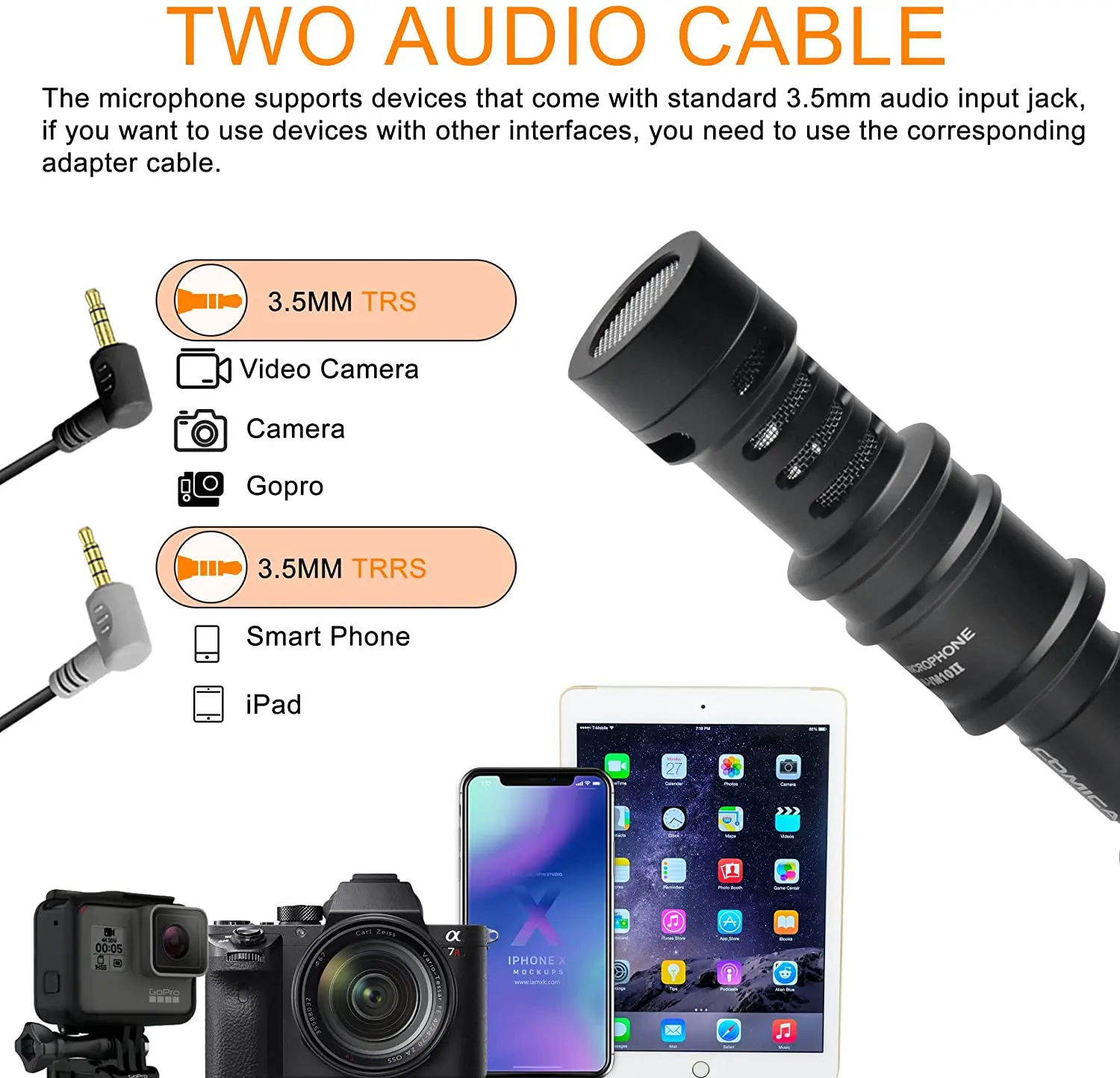 Microfone Comica Professional Shotgun com Shock Mount para iPhone, Câmera DSLR, Smartphones Android, CVM-VM10II