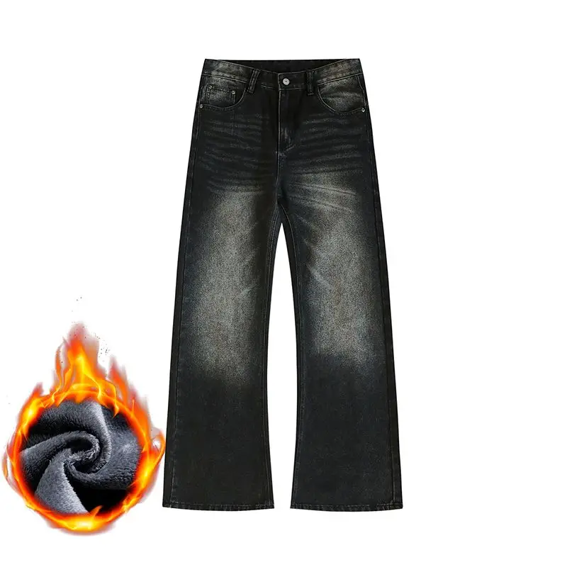 

Зимние флисовые теплые мужские джинсы, винтажные свободные широкие брюки, утепленные плюшевые бархатные брюки, модные прямые корейские джинсовые брюки