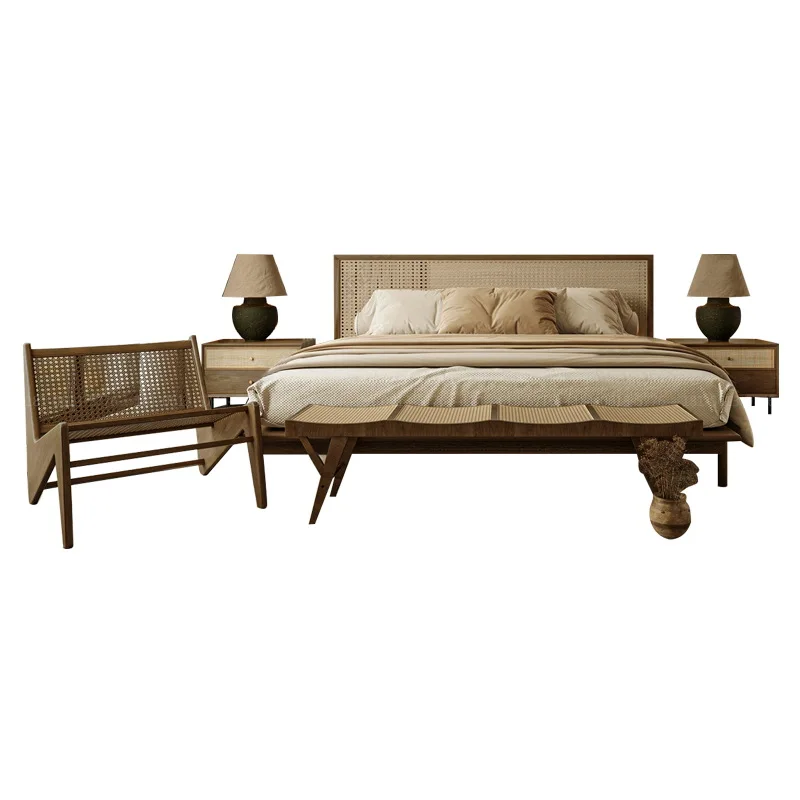

Solid wood bed, double, design, bedroom, dining room, rattan art, aesthetics