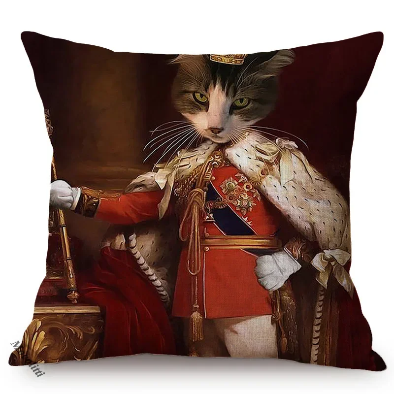 Cat Funky Animal Portrait Europe Renaissance Oil Painting Posters Style Decorative Throw Pillow Cases Linen Sofa Cushion Cover