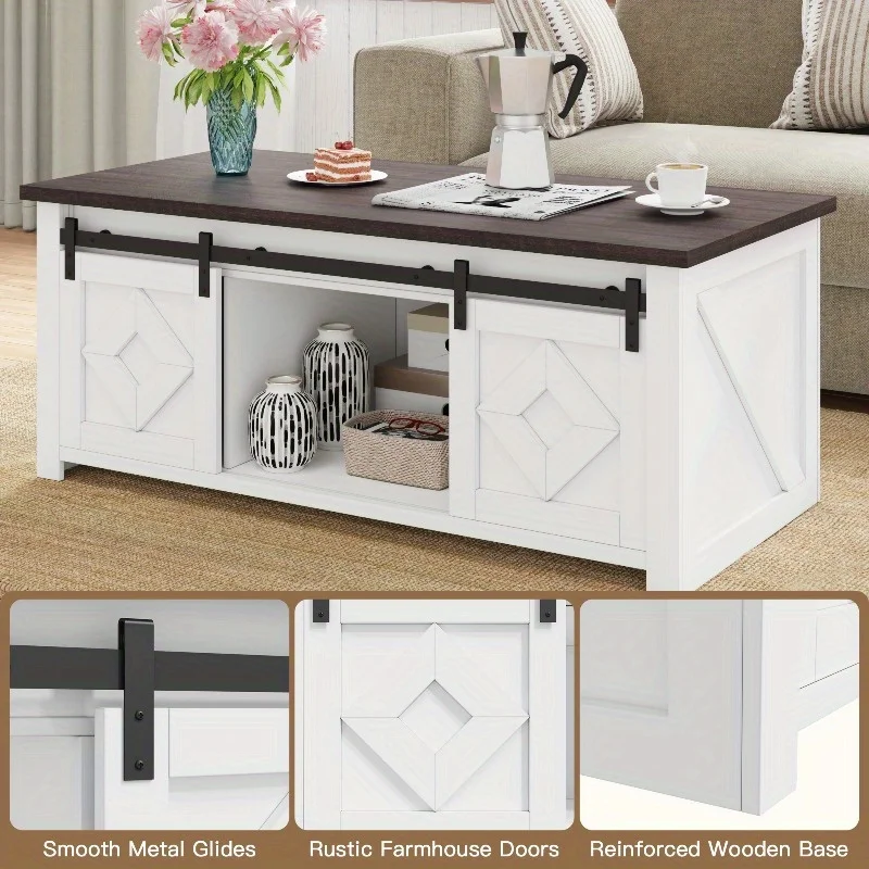 طاولة قهوة علوية قابلة للرفع في المزرعة مع مساحة تخزين وأبواب حظيرة منزلقة، وطاولة مركزية ريفية مع حجرة مخفية لغرفة المعيشة