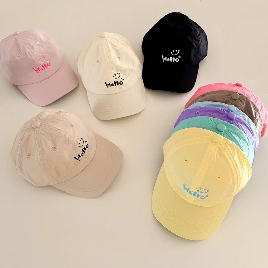 

2025 NEW Kids Quick Dry Baseball Cap Girl Boy Summer Candy Color Hello Letter Snapback Hat Baby Outdoor Sun Protection 3-7 Years