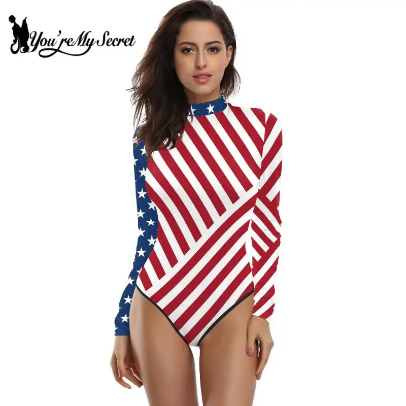 [You\'re My Secret] Womens Slim Bodysuits Tie-dye Printed Long Sleeve Turtleneck Female Rompers Independence Day Party Streetwear