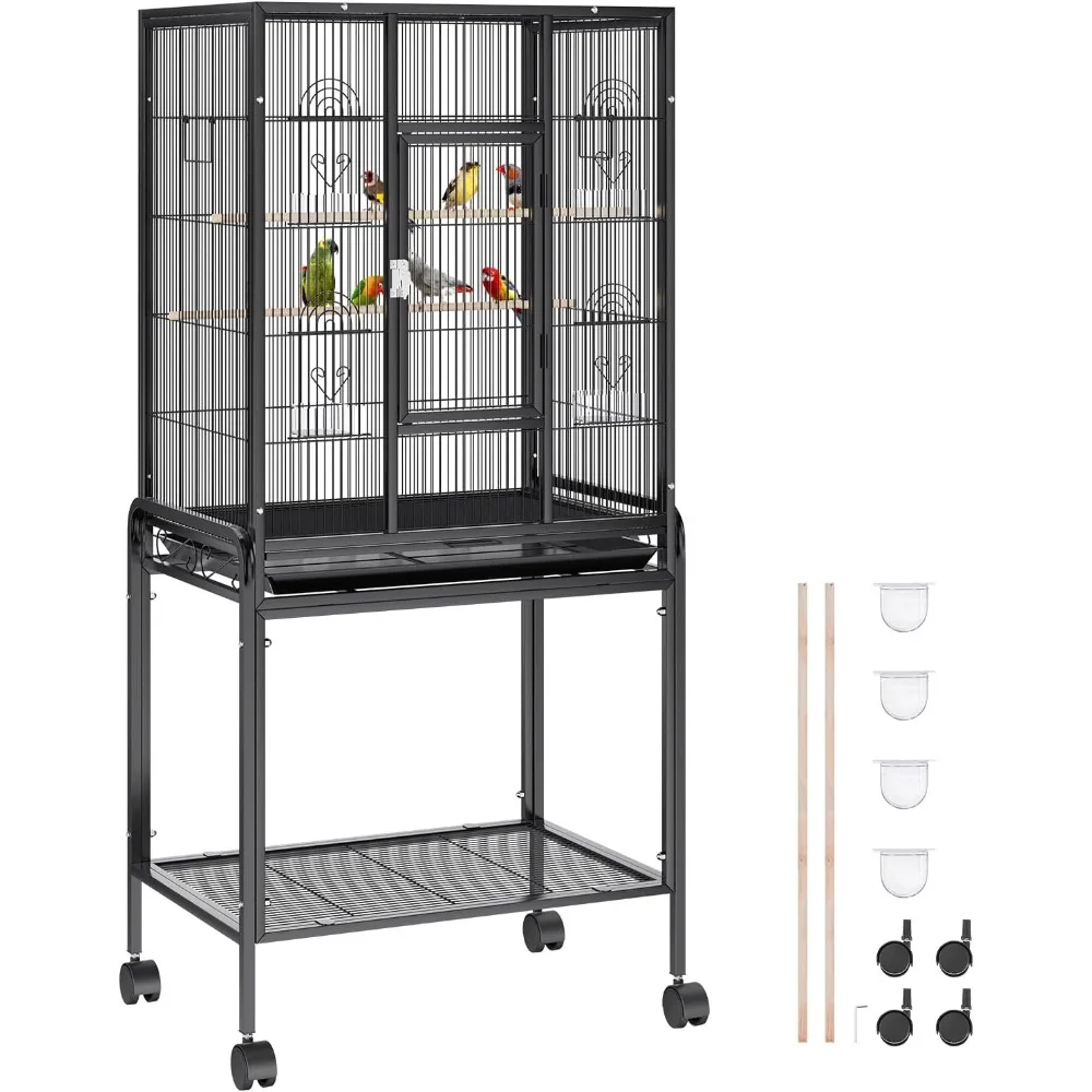 

Standing Large Bird Cage, Wrought Iron Flight Bird Cage with Rolling Stand and Slide Out Tray, Parakeet Cage Bird