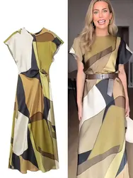2024 New Summer Women's Long Dress Print O-Neck Short Sleeves Back Hollow Out Vinatge Chic Pleats Loose Female Dresses