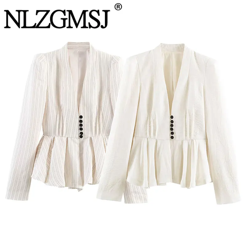 Nlzgmsj 2026 New Women's Striped High Waist Peplum Blazer Single Breasted Formal Office Elegant Jacket