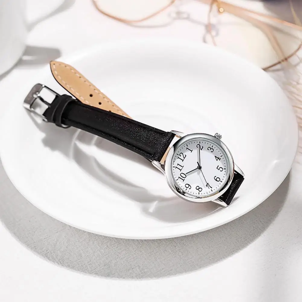 Minimalist Women Quartz Watch Ladies Faux Leather Band Watch Large Arabic Numerals Analog Wristwatch for Daily Large Number Dial