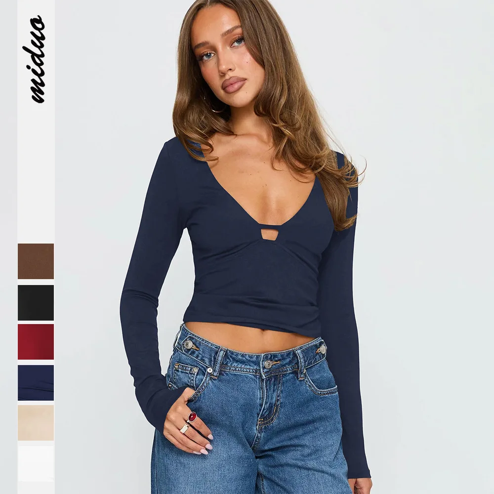 

Hot Girl Women's V-neck Long-sleeved T-shirt Slim-fit Design Pullover Bottoming Shirt Top Fashion Female's Short Tees