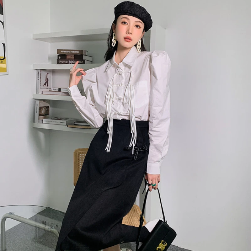 Kemeja wanita Vintage, rumbai katak Semua cocok pakaian elegan Streetwear longgar kasual musim semi lengan panjang Chic mode China baru