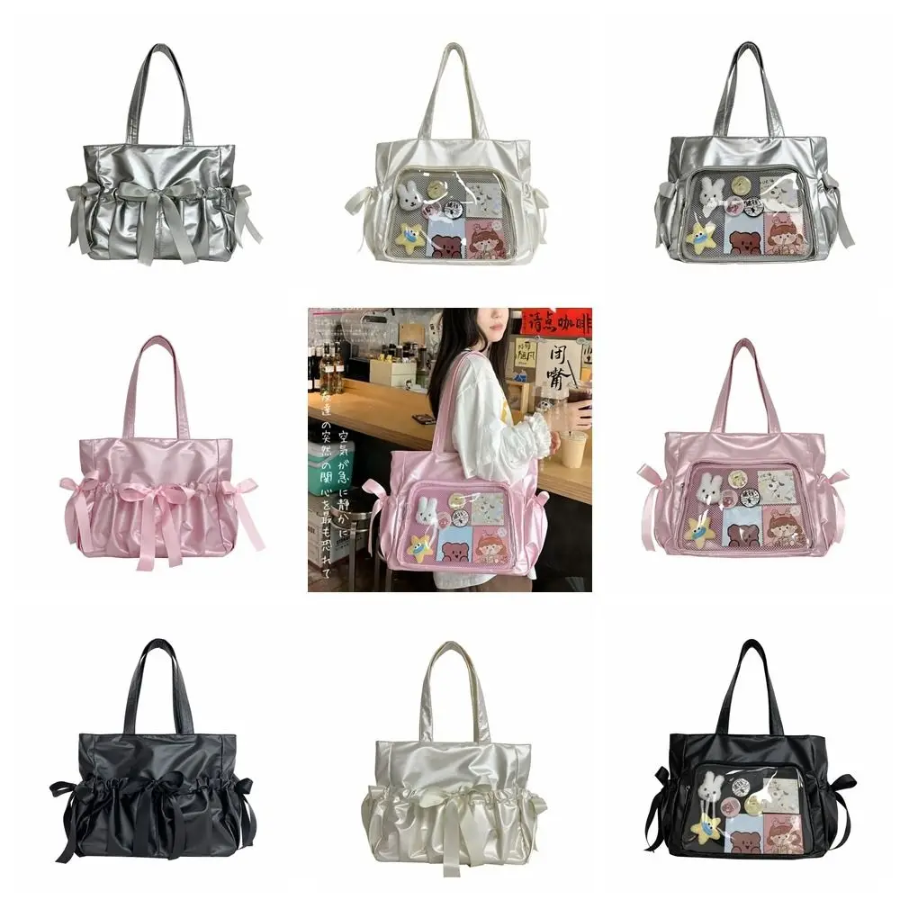 

All-match PVC Satin Itabag Plush Doll Transparent Drawstring Pleated Bow Bag Pink Large Capacity Ribbon Bow Itabag Travel