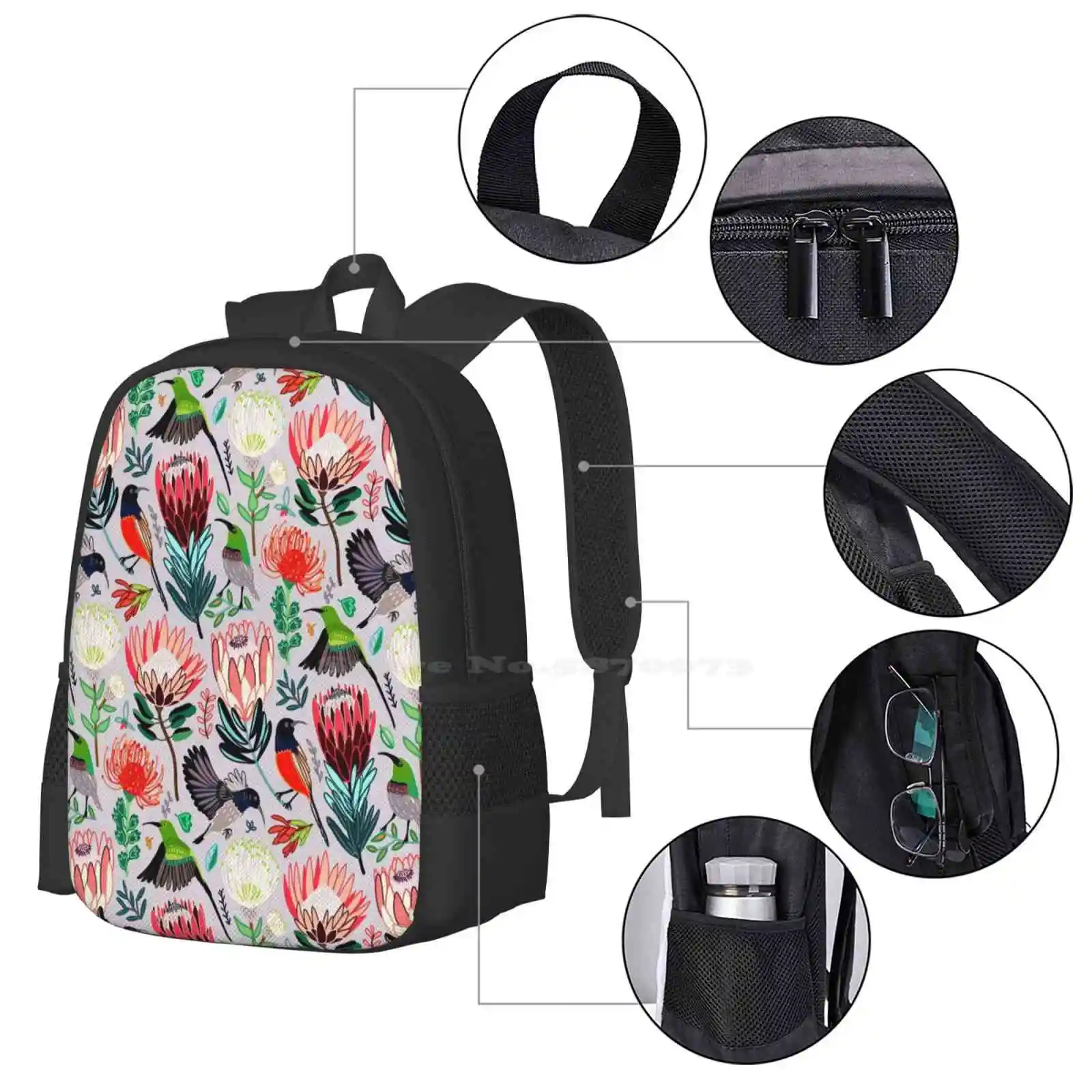 Sunbirds & Proteas On Grey Hot Sale Backpack Fashion Bags Sunbirds Colorful Birds Bird Pattern Protea Patern Bird And Protea