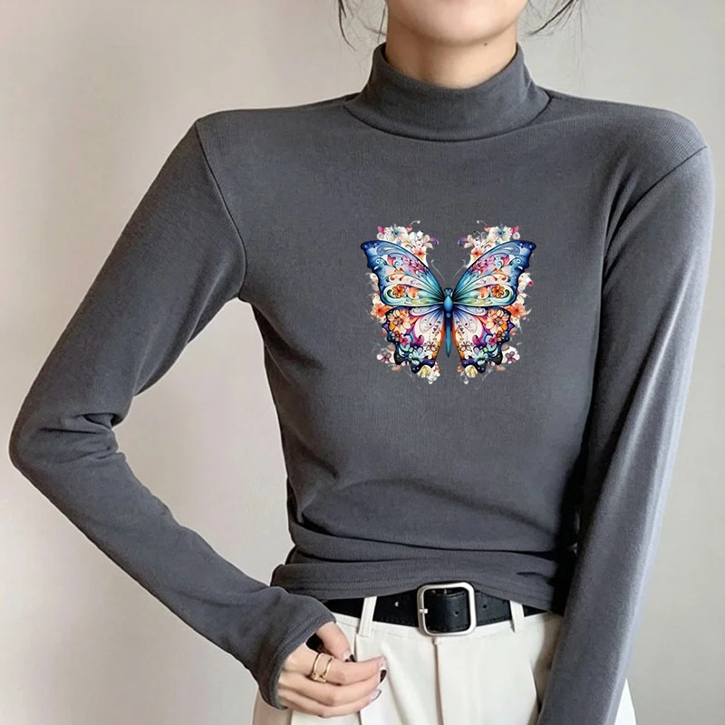 2026 New Autumn Winter Thermal Brushed Fleece Long Sleeve Graphic Print T shirt Blouses Female Warm Shirt Women Top