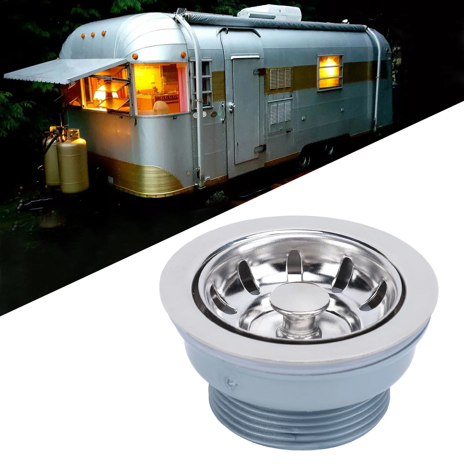 Sink Drain Assembly Mirror Polished RV Stainless Steel Kitchen Drain with Strainer Stopper for Sink with 52mm Opening