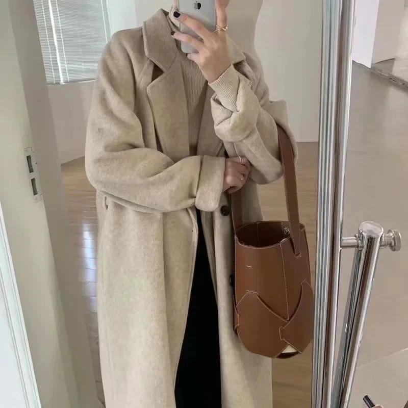 

Solid Woolen Lapel Long Coats Women Loose Full Sleeve Double Breasted Shoulder Pads Overcoat 2025 Autumn winter New Outwear Lady
