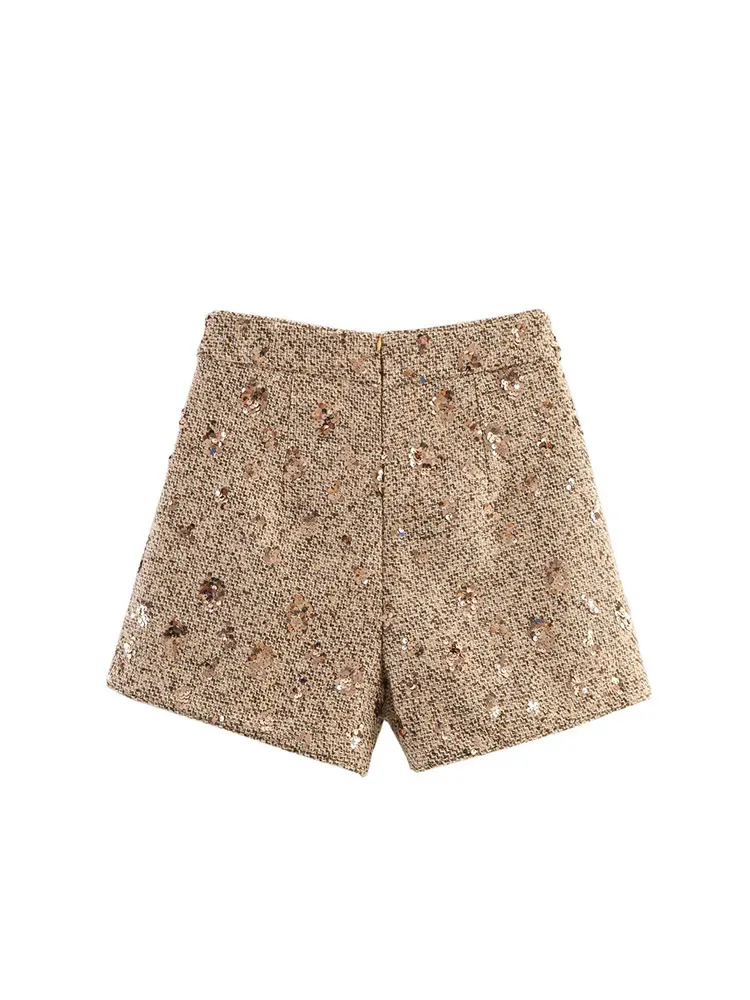 NLZGSMJ ผู้หญิงเลื่อมตกแต่งชุดเสื้อแขนกุดเสื้อทรงสลิมกางเกงขาสั้นชุดปาร์ตี้วันหยุดชุด 2 ชิ้น