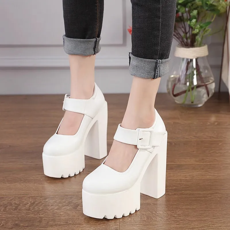 2024 Spring Women\'s Pumps High Heels 16cm Chunky Heel Pointed Toe Waterproof Platform Shoes British Style Low-cut Single Shoes