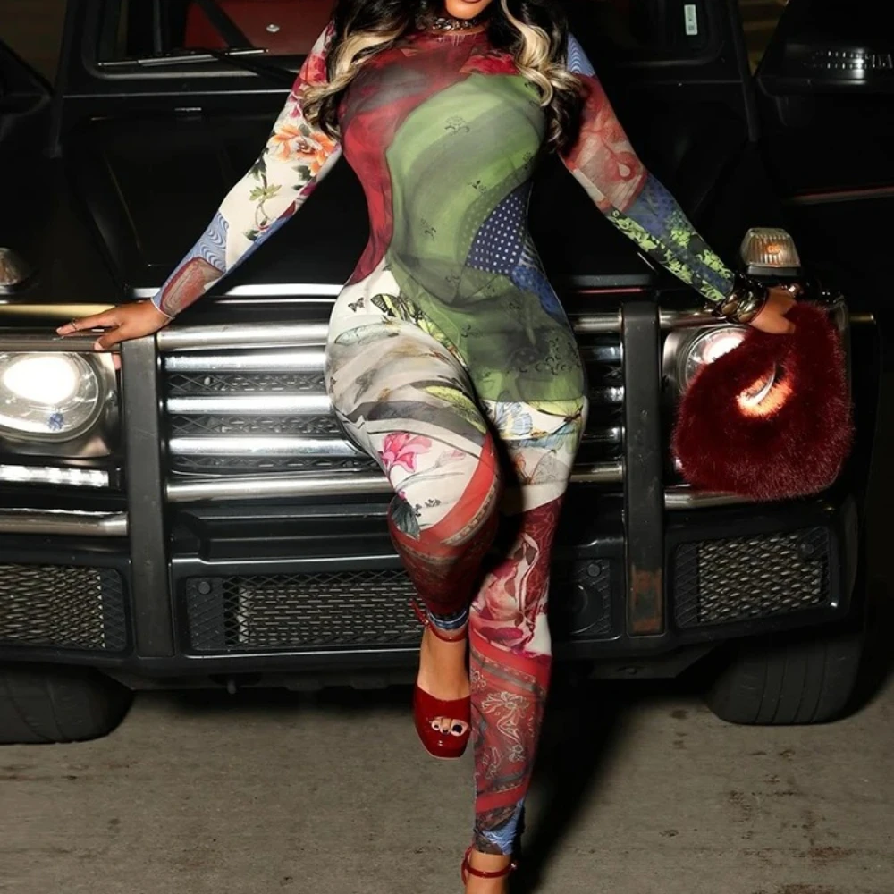 

Colorful Print Jumpsuits Woman Autumn Trend o-Neck Full Sleeve Skinny Peach Hip Hot Girls Street Sexy Fashion Overalls