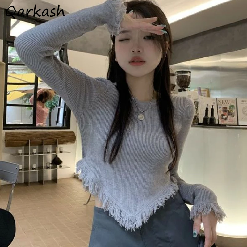 

Pullovers Women Clothing Tassel Slim Sexy Irregular Sweater Autumn Vintage Solid Streetwear Temper Lady Casual Tender All-match