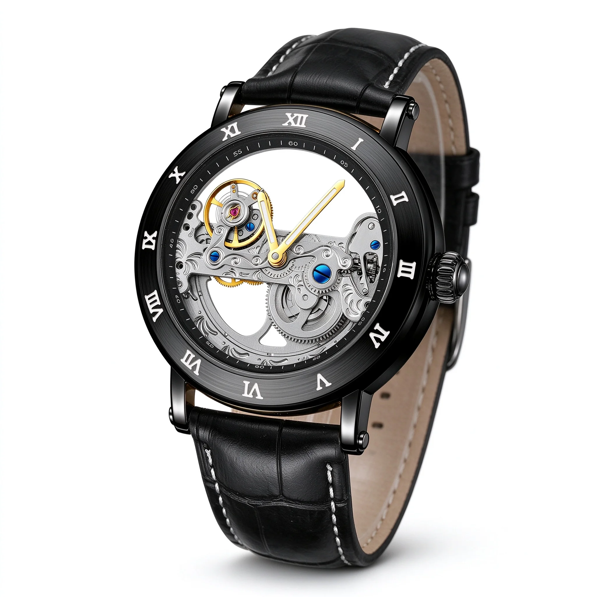 FORSINING Men's Skeleton Automatic Mechanical Watch Luxury Fashion Business Leather Strap Roman Dial 44mm 3ATM Waterproof Gift