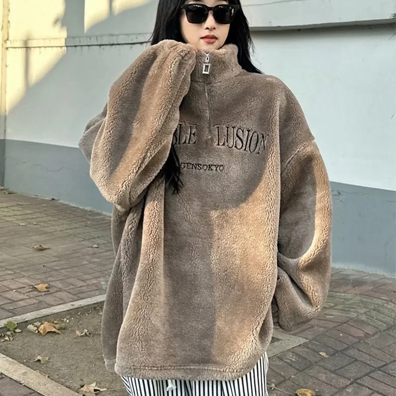 

New Half Zipper Loose Stand Collar Hoodie for Women in Winter Made of Lamb Fleece and Thick Medium to Long Personalized Coat WLF