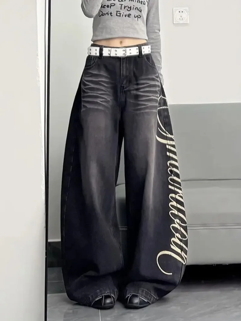 

High Street Y2k Baggy Pants for Women Letters Print Wide Leg Jeans Women Streetwear Y2k Jeans Hip Pop Denim Pants Women Clothes