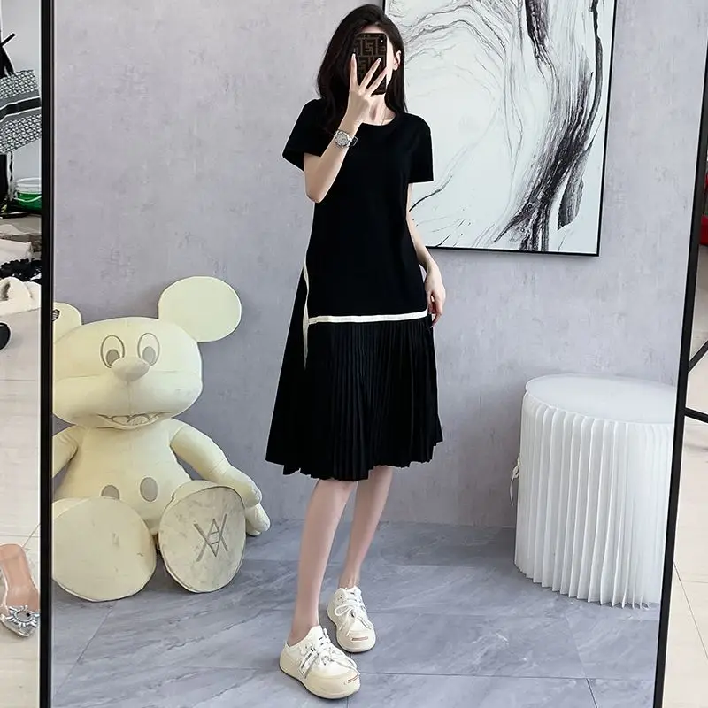 Temperament A-line Short Sleeve Dress Women\'s Summer New Fashion Black Patchwork Pleated Skirt