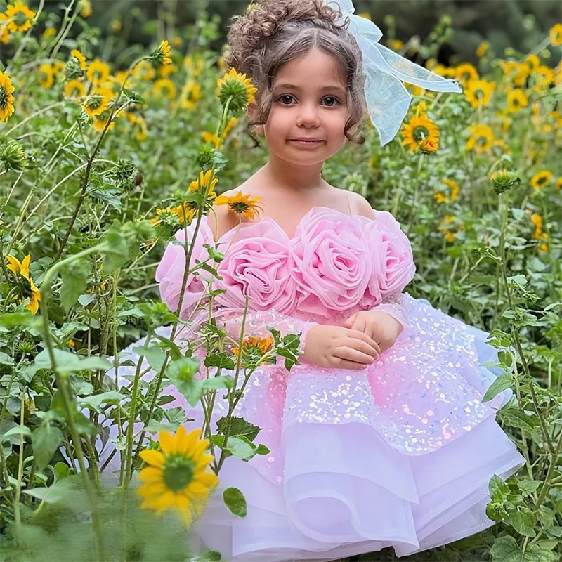 فساتين الأميرة تول مطرزة بالخرز على شكل زهرة فتاة فساتين المناولة الأولى هدية عيد الميلاد وحفلات الزفاف وأعياد الميلاد #3