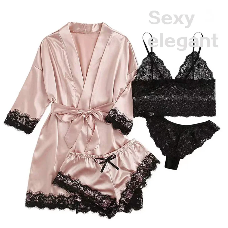 

4 Pieces Woman Sleepwear Pajamas Ser With Robe Sexy Lace Lingerie Bathrobe Silk Satin Home Clothed Nightwear Robe Sexy Lingerie
