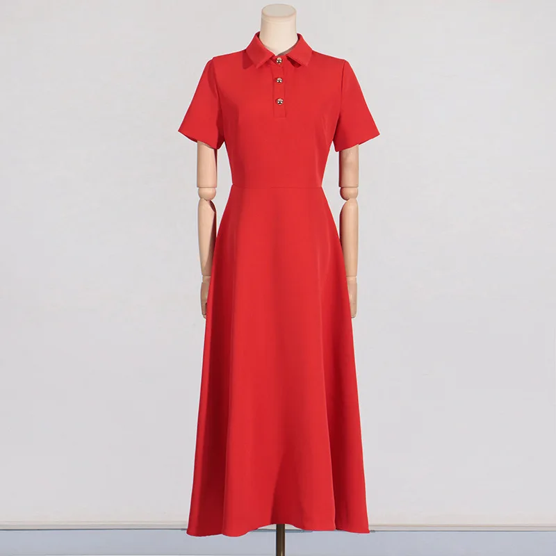 

2024 Runway Designer Woman Red Maxi Dress Turn Down Collar High Waist Short Sleeve Metal Button Long Dresses Holiday Vestidos