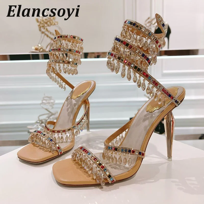 Thin Heels Sandals Women Crystal Tassel Pendant Snake Shaped Winding Party Shoes Summer Fashion High Heels Gladiator Sandalias
