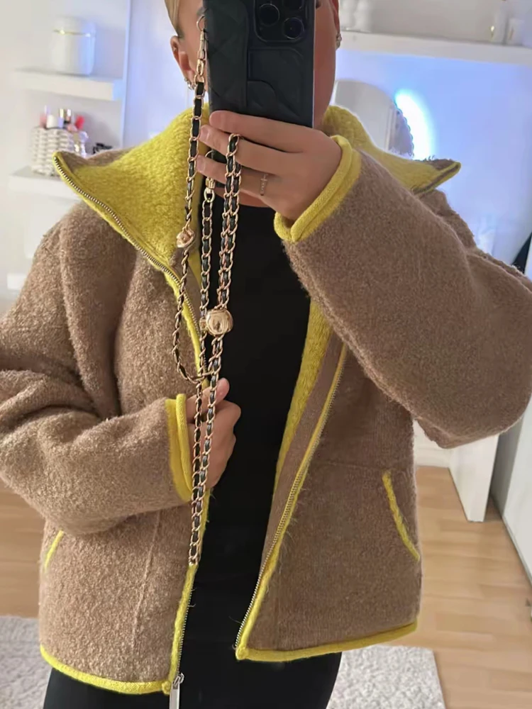 2026 ربيع جديد التباين سترة مشغولة من الصوف جاكيتات للنساء أنيقة طويلة الأكمام جيوب سستة سترة الشارع سيدة شيك أبلى #1