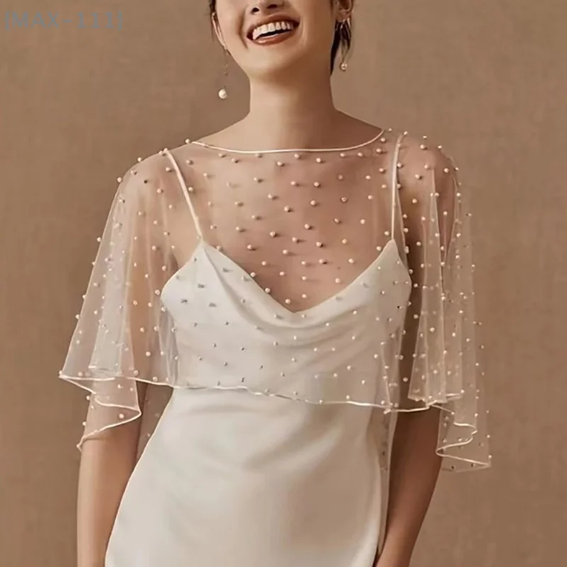 F2-MAX111Pearl Beaded Wedding Wrap Sheer Jewel Collar - Soft Tulle Front Short Long Back Shawl Marriage Accessory for Women Dr