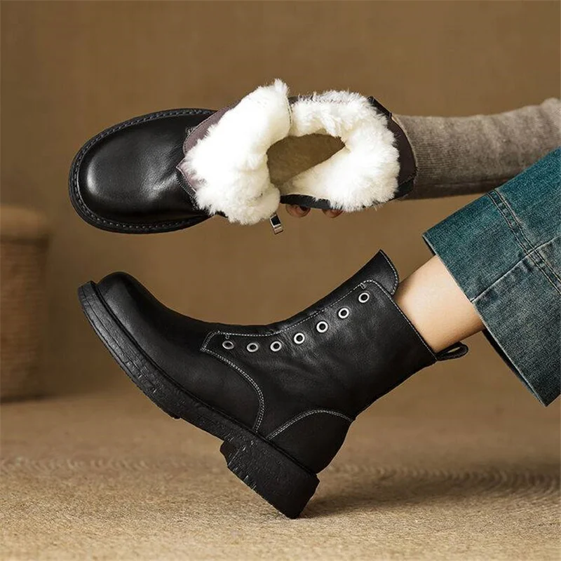 

Wool Inside Winter Shoes Real Leather Women Ankle Boots Thick Heels Platform Booties Fall Winter Shoes Casual Office Dress ML03