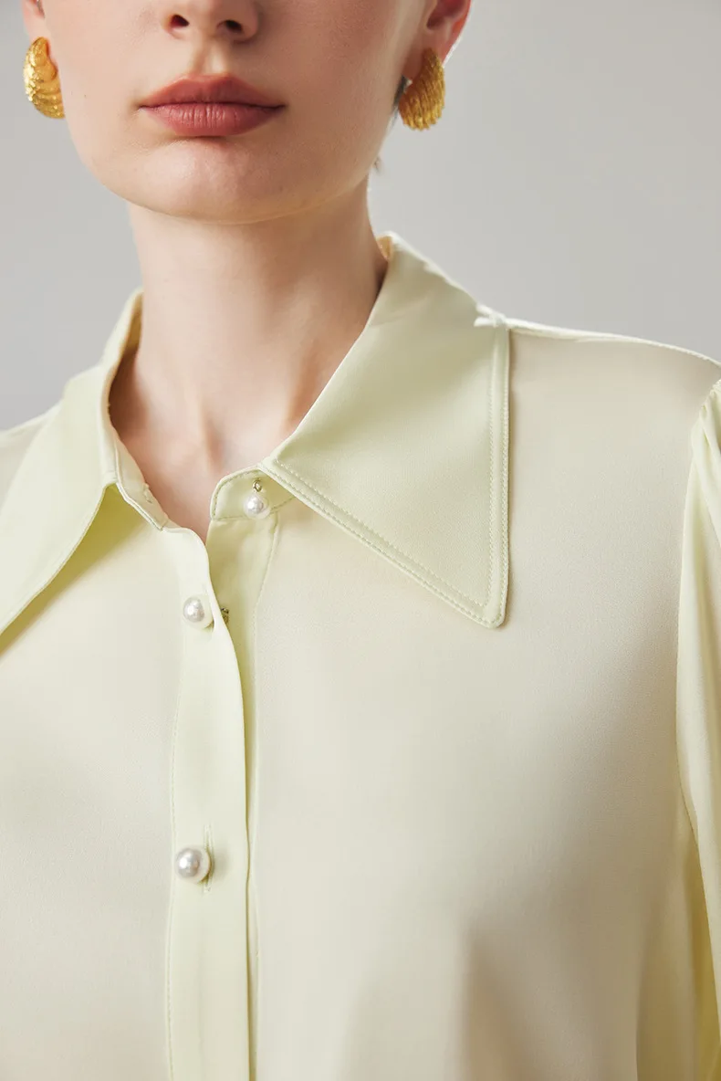 95% Silk 5% Spandex Women's Shirt Turn Down Collar Long Sleeves Elegant Fashion Blouse Tops
