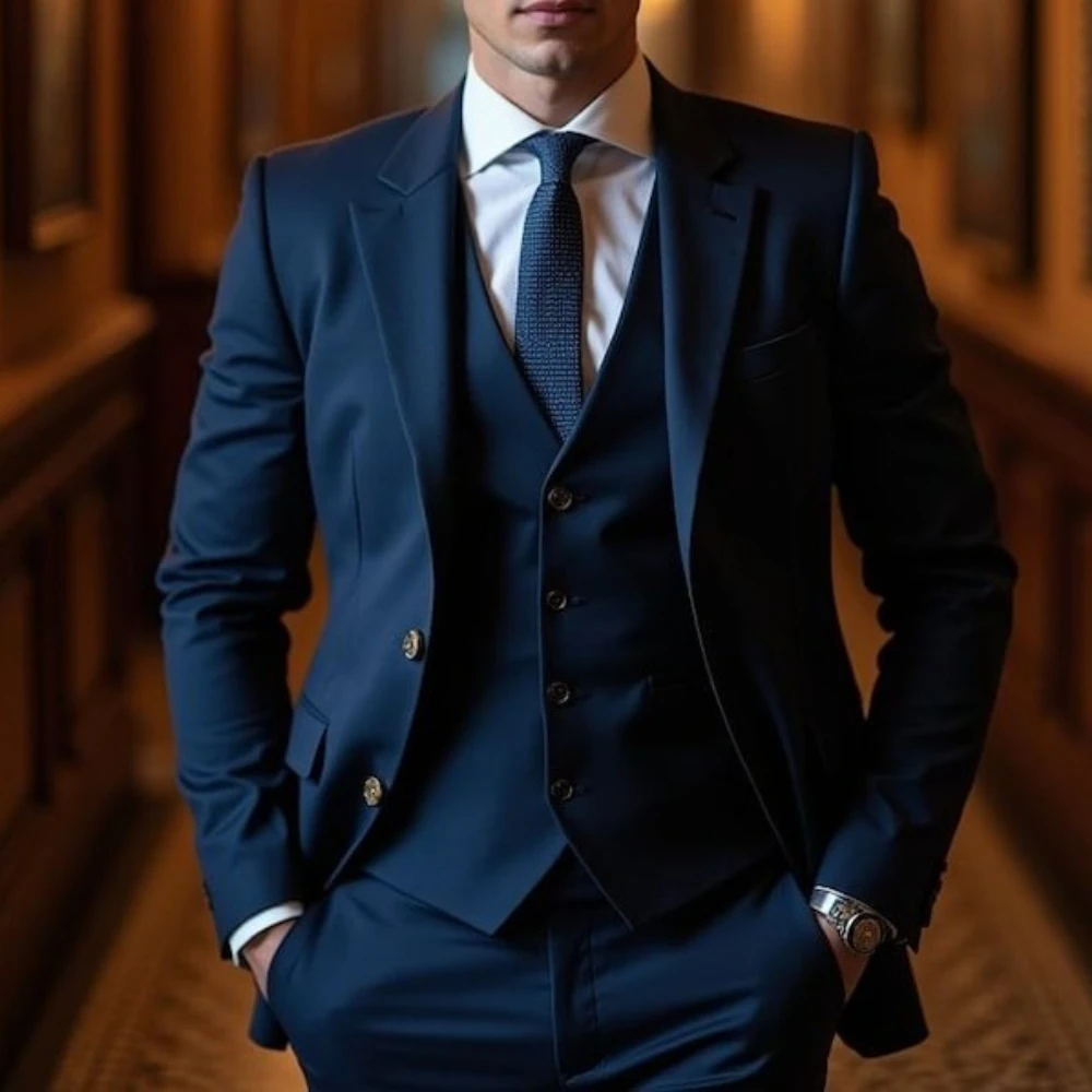 

Blue 3-Piece Men's Suit Slim Fit Blazer Vest Trousers Set Wedding Groom Formal Blue Tuxedo