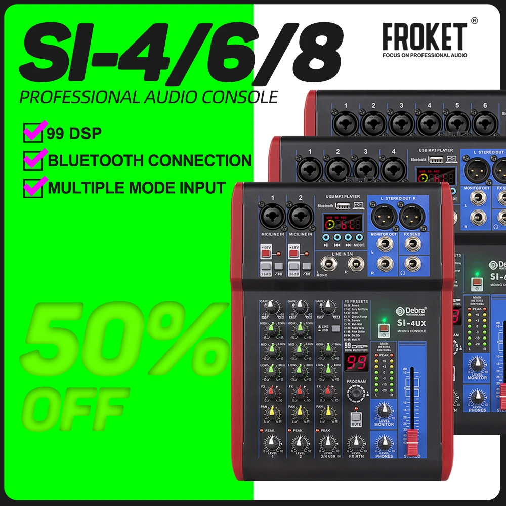 FROKET Pro 4/6/8-channel audio mixer with 99 DSP digital effects, Bluetooth 5.0 USB mixer for karaoke studio computer recording