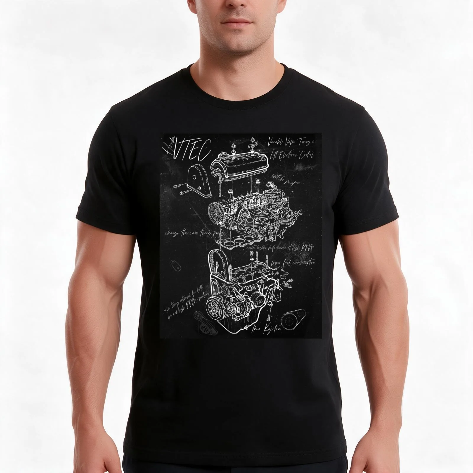 VTEC Engine Artistic Styled BluePrint/Sketch T-Shirt, Summer Casual Cotton Tee, Oversized Streetwear Tops, Vintage Graphic Print