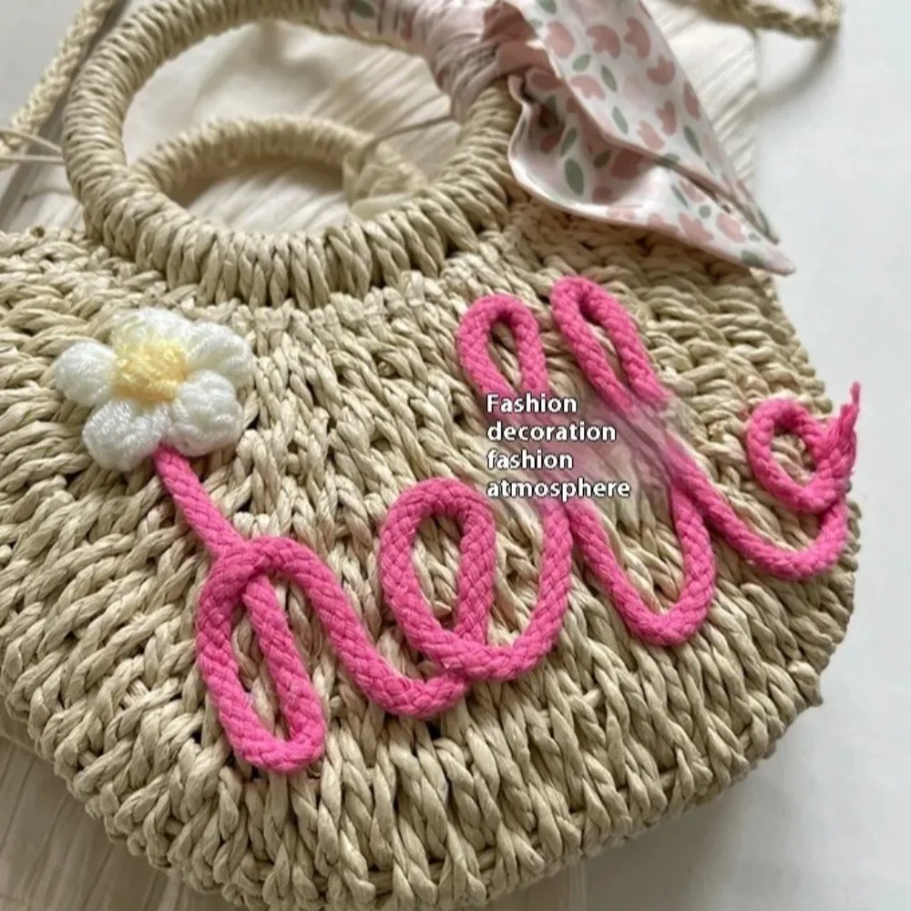 Handmade Sweet Beach Straw Bag Ribbon Moon Shaped Knitted Shoulder Bag Flower Large Capacity Braided Underarm Bag Woman