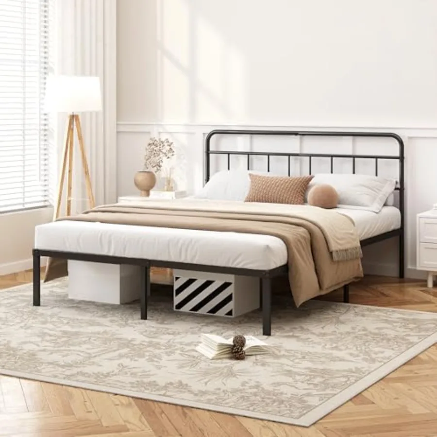 

Металлическая платформа-основание для кровати размера King Size (12 дюймов) с минималистичным изголовьем и прочными металлическими ламелями для матраса