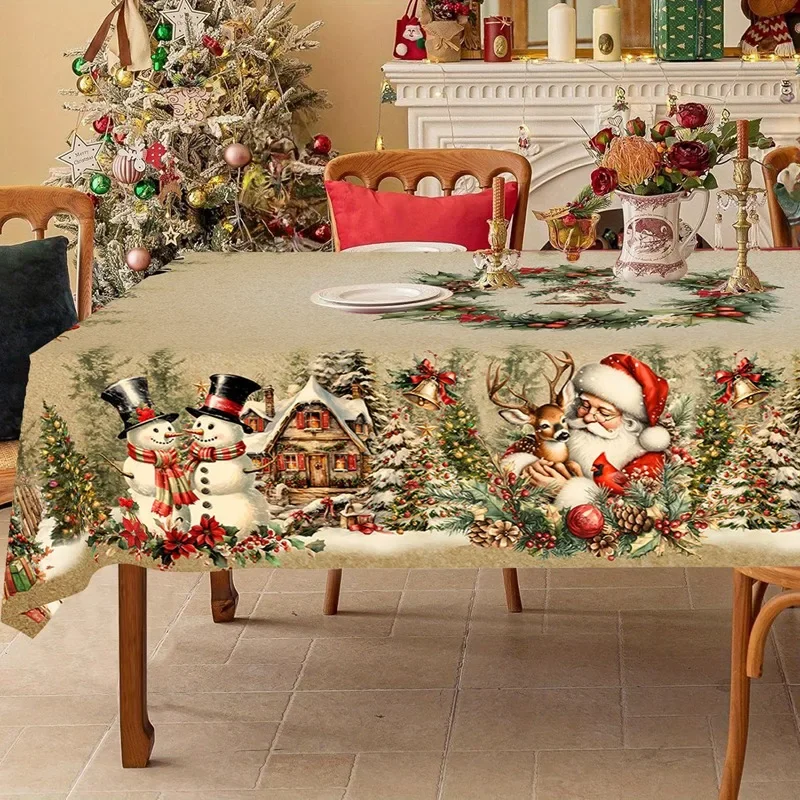 

E5 Vintage Christmas Tablecloth Santa Snowman Table Cover Christmas Decorations for Home 2025 Xmas Navidad Noel New Year 2026