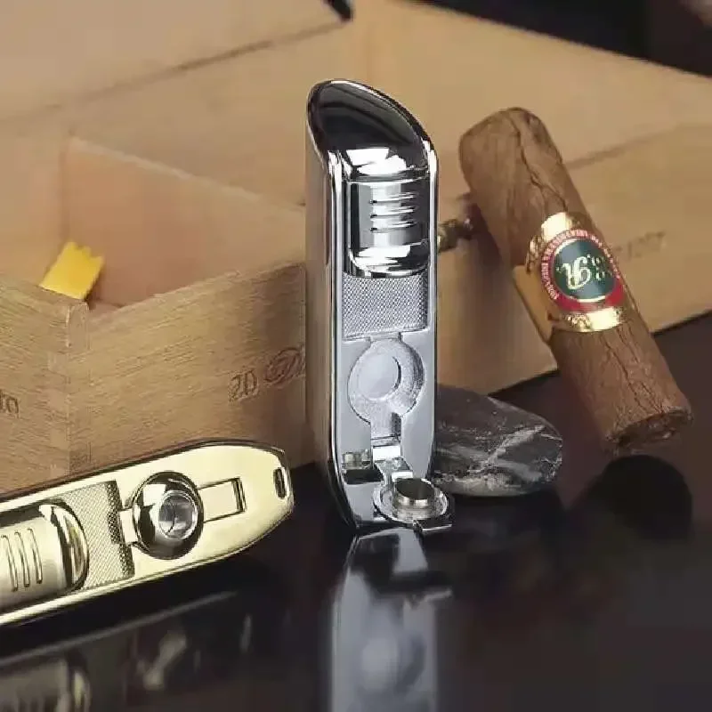 COHIBA-Windproof Metal Cigar Lighter, 3Jet Blue Flame, Turbo Torch, Portable Igniter with Cigar Punch Tool, Men Gift