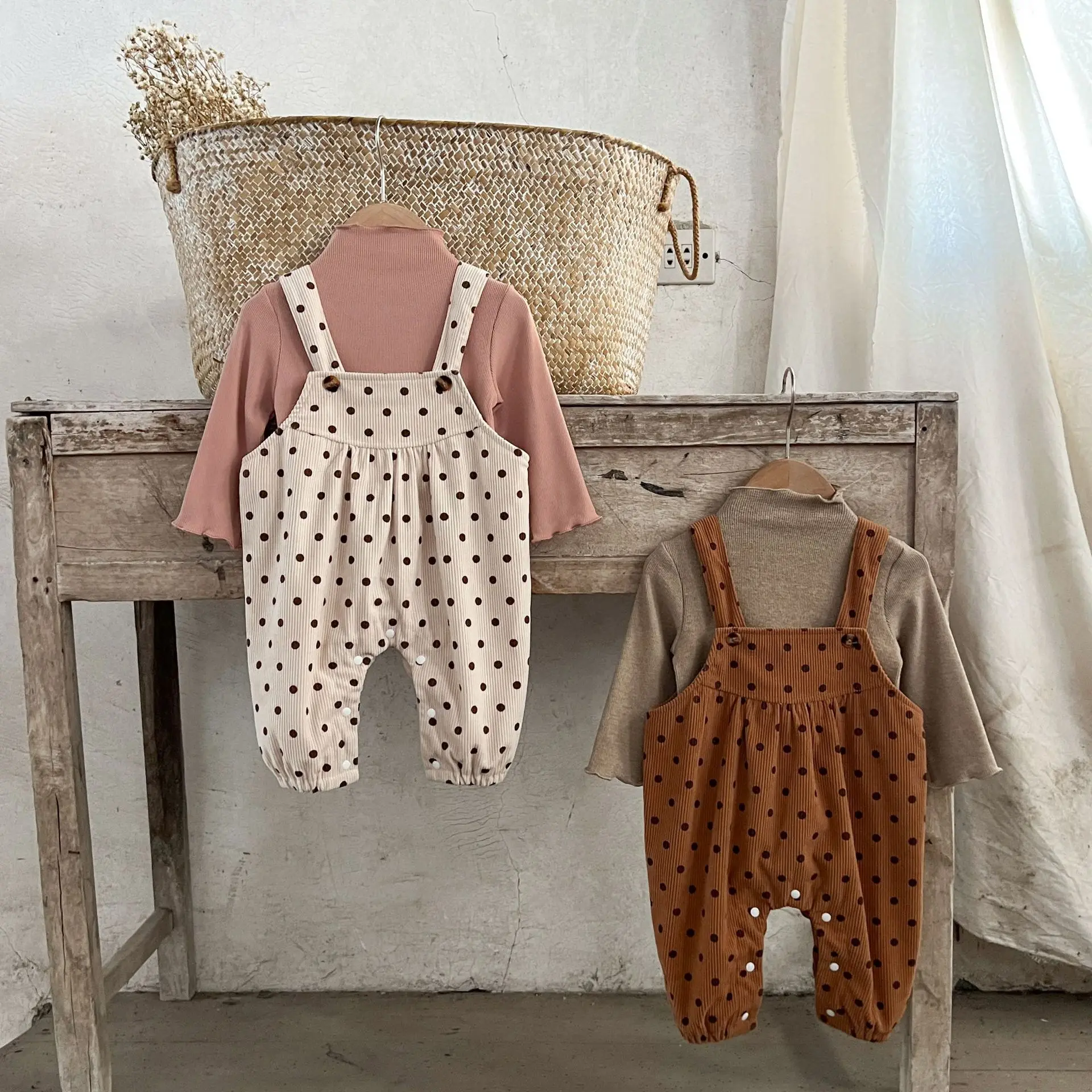 

Ins Boys and Girls Baby Pure Cotton Corduroy Polka Dot Printed Overalls Baby Spring and Autumn Overalls Pants