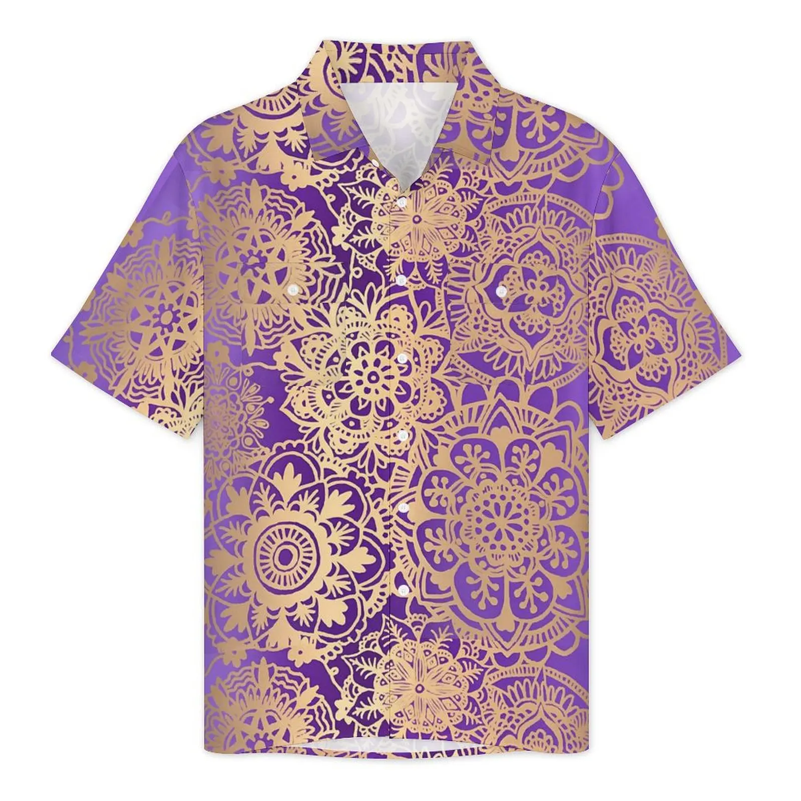 Boho Mandala Beach Shirt Purple and Gold Hawaiian Casual Shirts Men Elegant Blouses Short Sleeve Comfortable Design Clothes