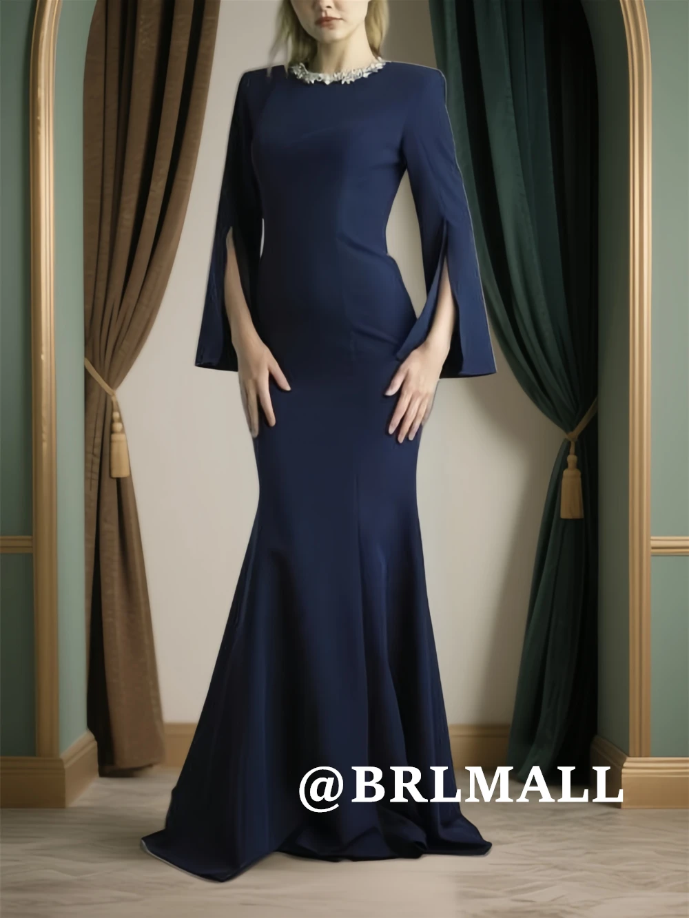 

BRLMALL Elegant Matte Satin Evening Dress for Women, Beaded O Neckline Sheath Mother of the Bride Dresses Customized Prom Gowns