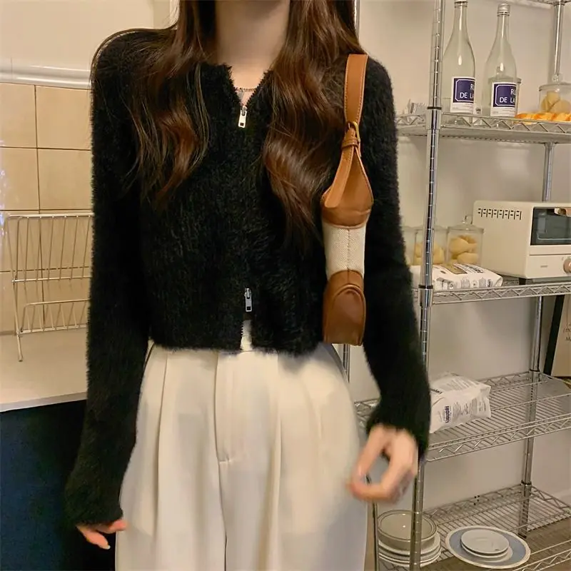 Design Sense Niche Sweter z zamkiem błyskawicznym Damski nowy biały pluszowy sweter z dzianiny Krótki top