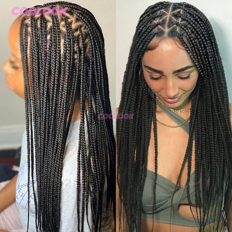 26-Zoll-Dreieck-Zöpfe-Haarperücke, synthetische Vollspitze, geflochtene Perücken für schwarze Frauen, knotenlose Box-Zopf-Perücke, Cornrow-Zöpfe, Spitzenperücke