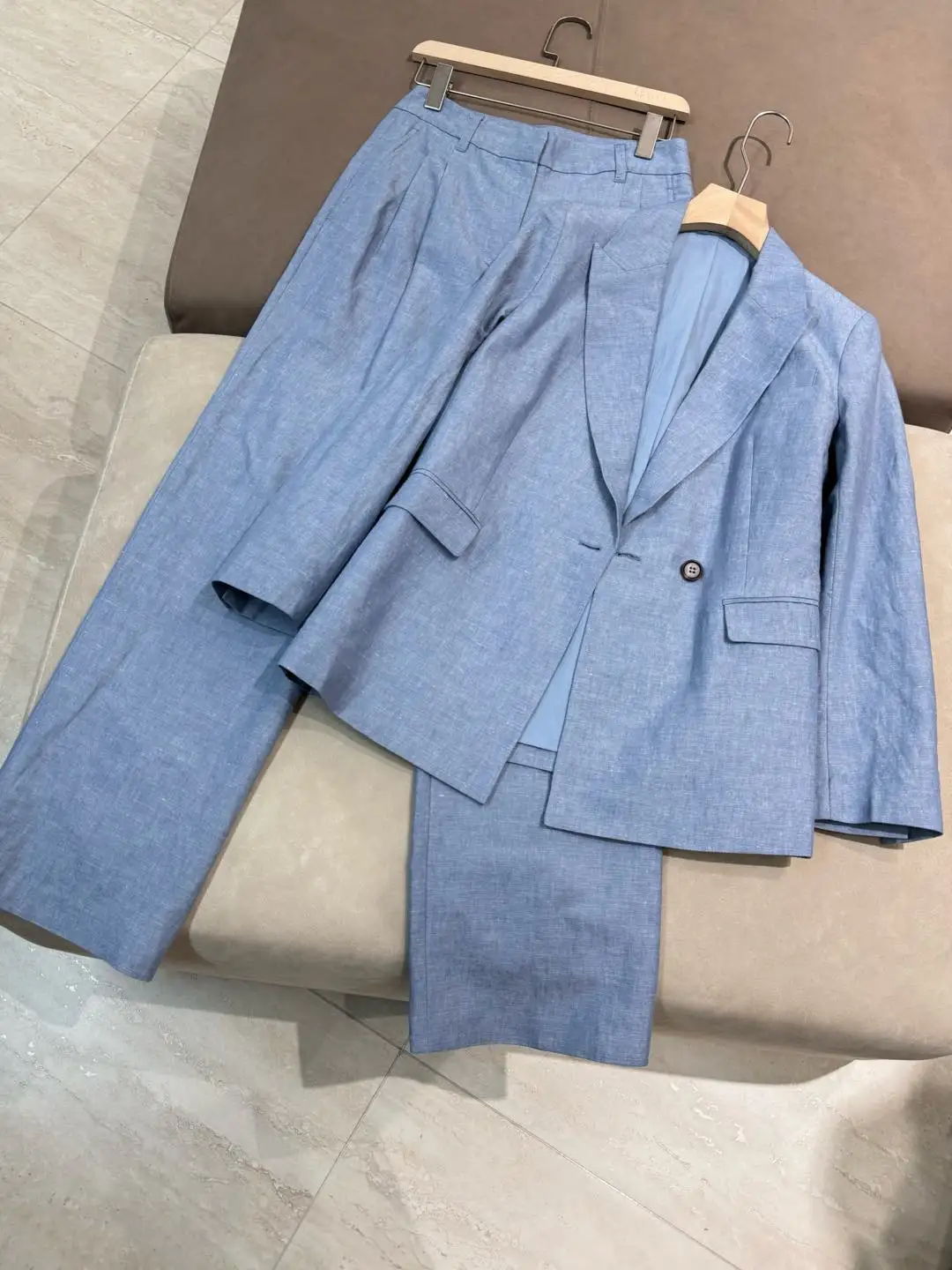 Spring Summer 2025 Women's Cotton Linen Blazer Suit Beaded Jacket + High Waist Straight-leg Wide-leg Pants 2-Piece Set