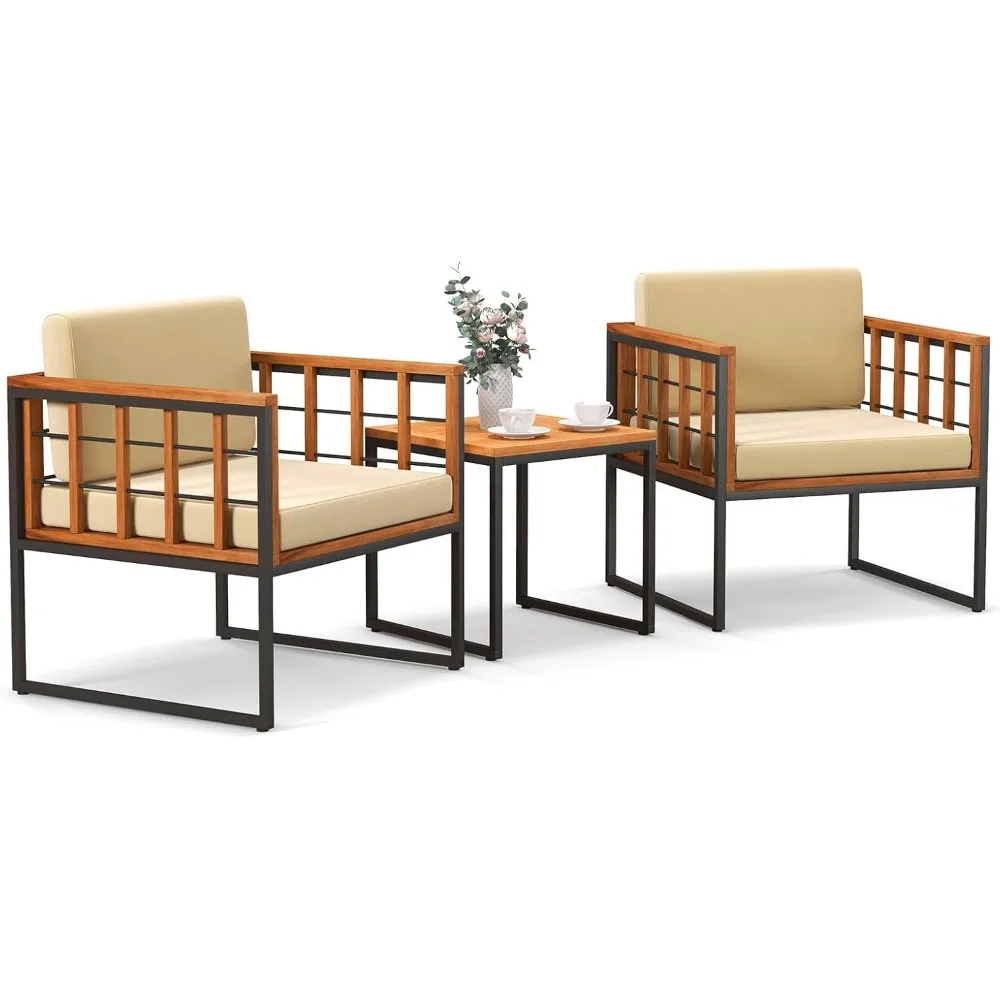 Patio Chair Set, Acacia Wood Outdoor Sofa Set with Metal Support, Soft Seat Porch, Backyard